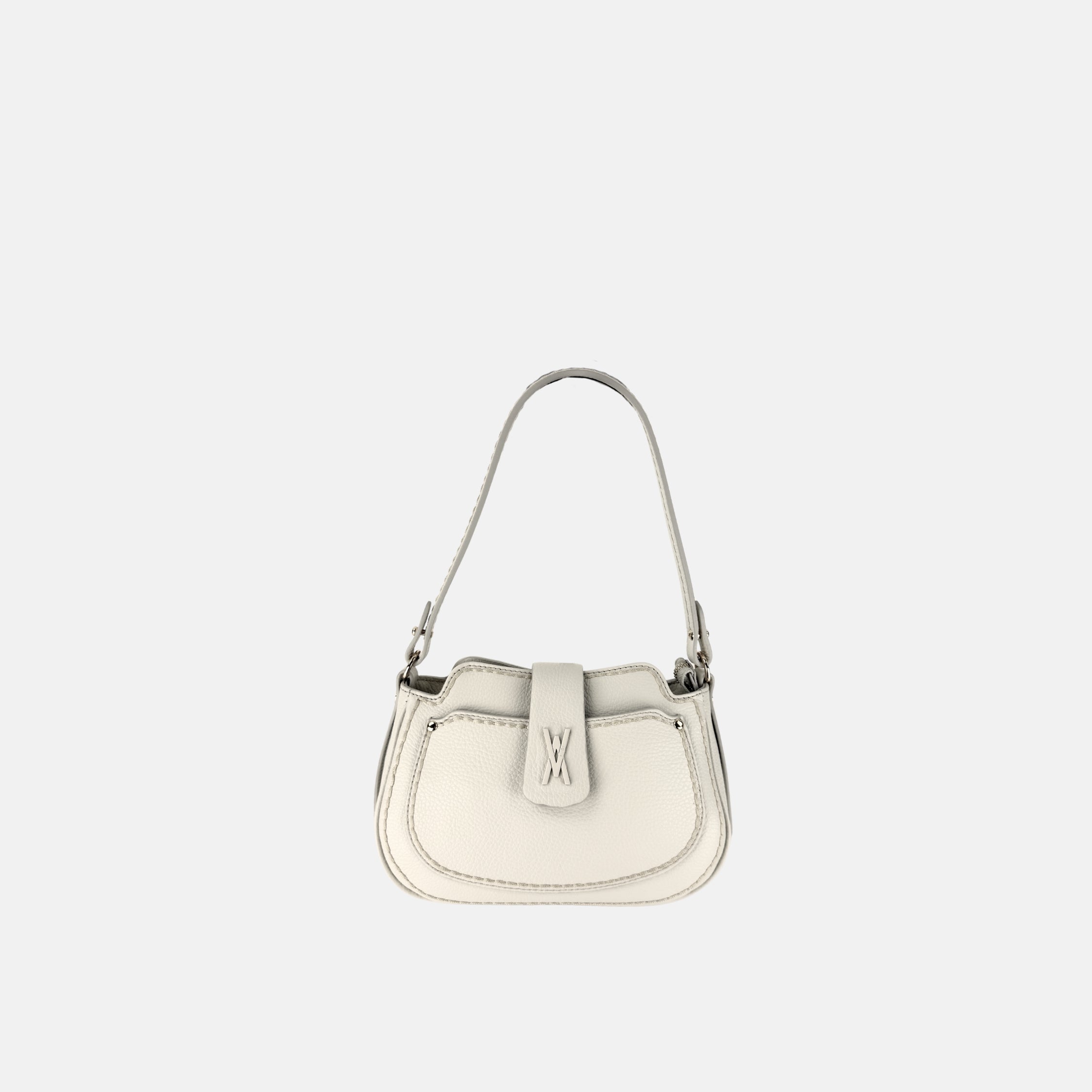 Plinio Visona Small Whip Stitched Shoulder Hobo Bag with Outer Pocket in Cream - Big Bag NY