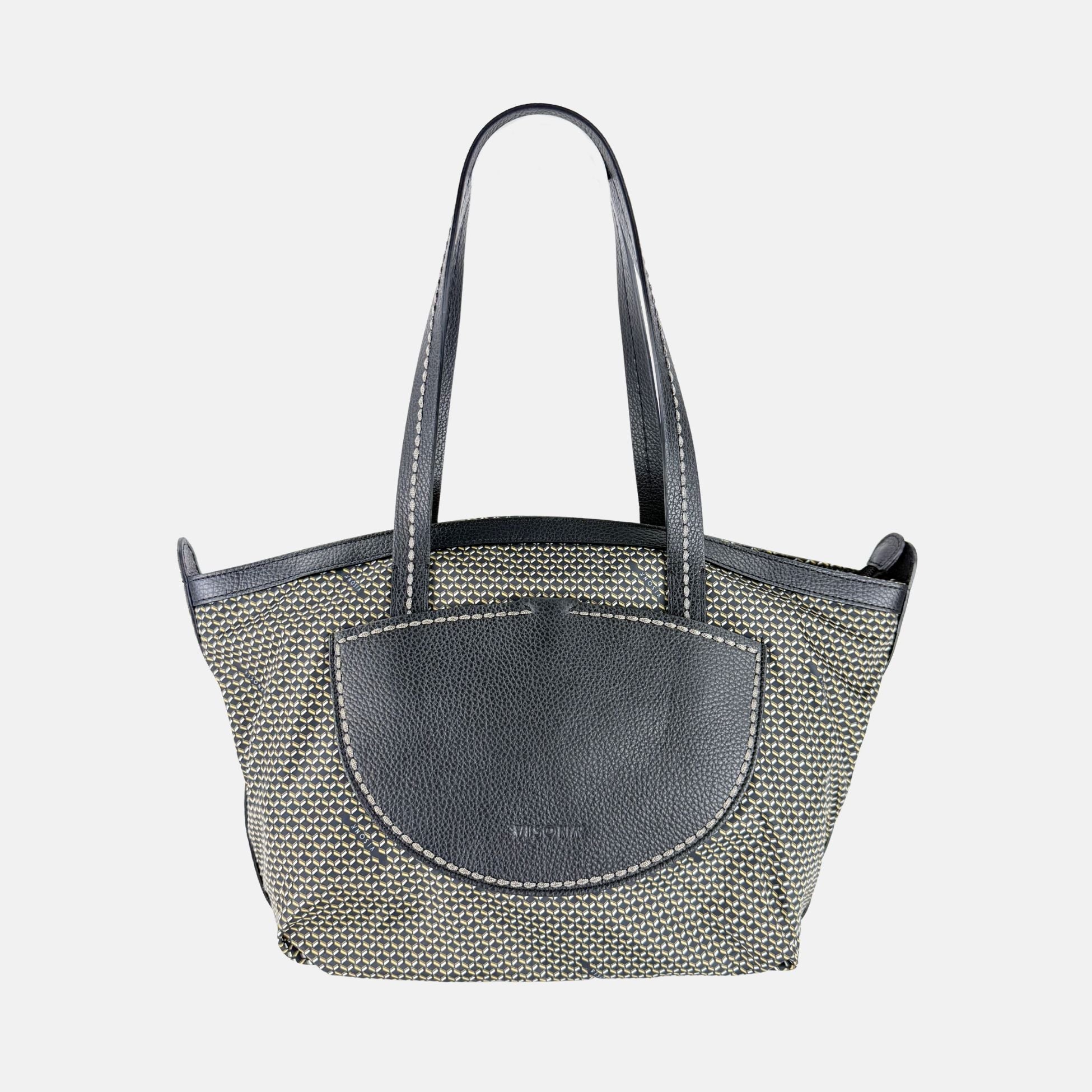 PLINIO Zippered Tote with Outer Leather Pocket in Black - Big Bag NY