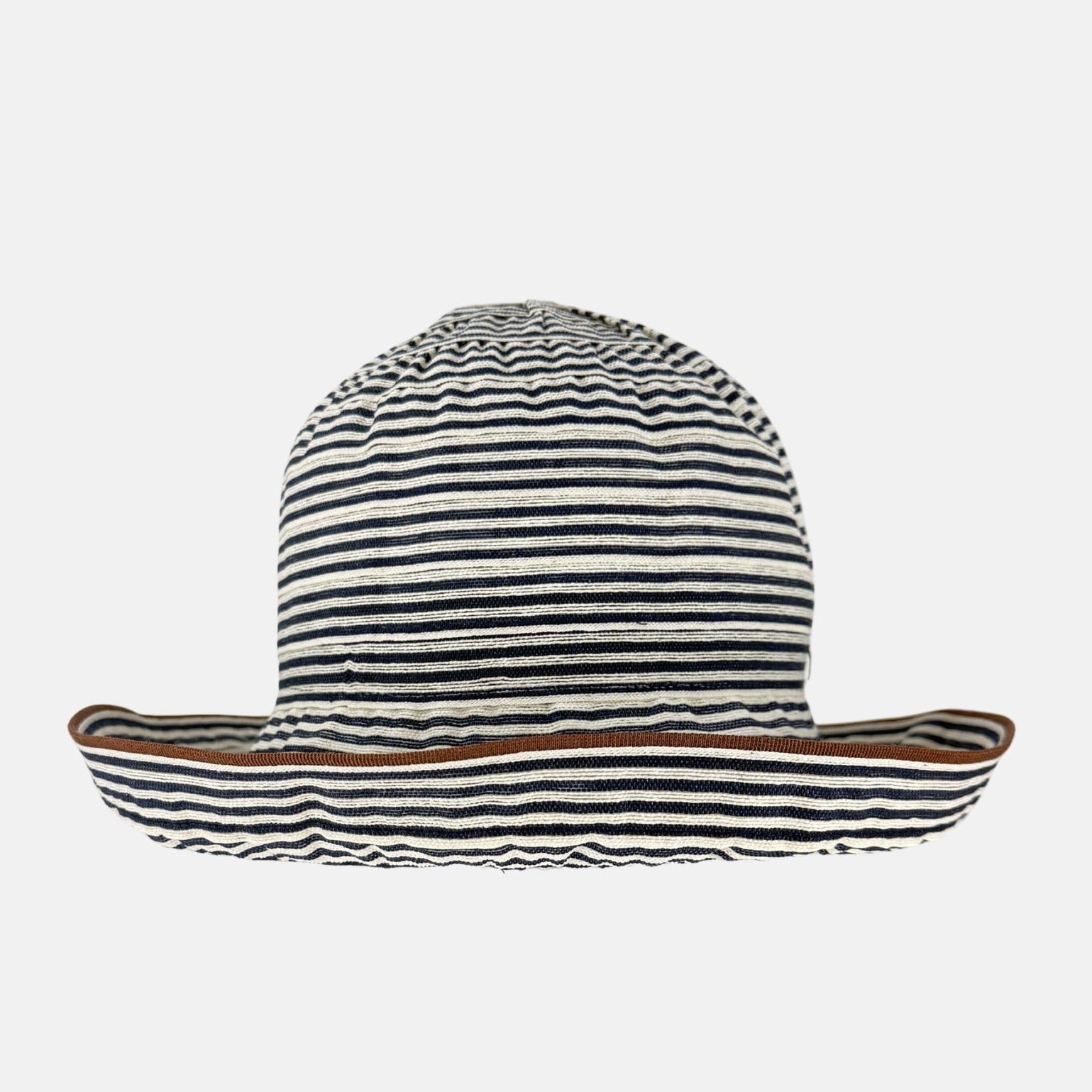 Ferruccio Vecchi Navy and Ivory Striped Cotton Blend Summer Hat with Brown Trim - Big Bag NY