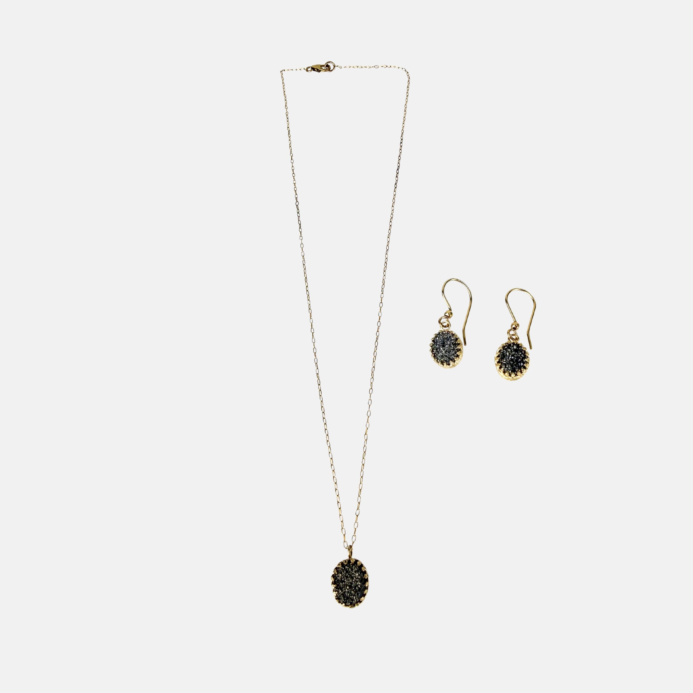 Ithil Oval Pewter Druzy Necklace and Earrings in Gold - Big Bag NY