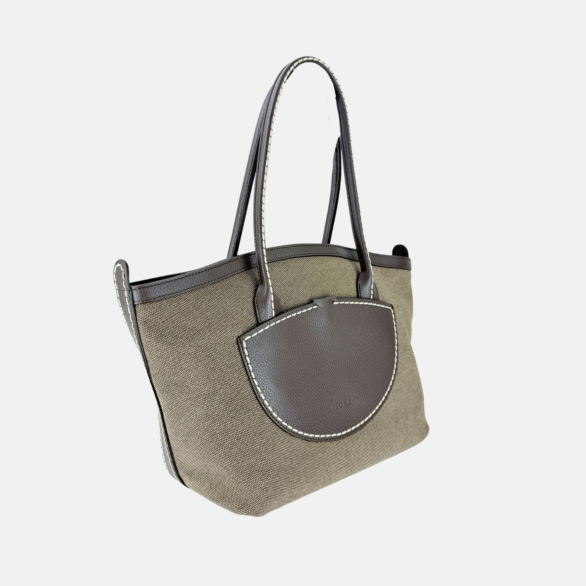 Plinio Visona Canvas Tote and Outer Leather Pocket in Brown - Big Bag NY