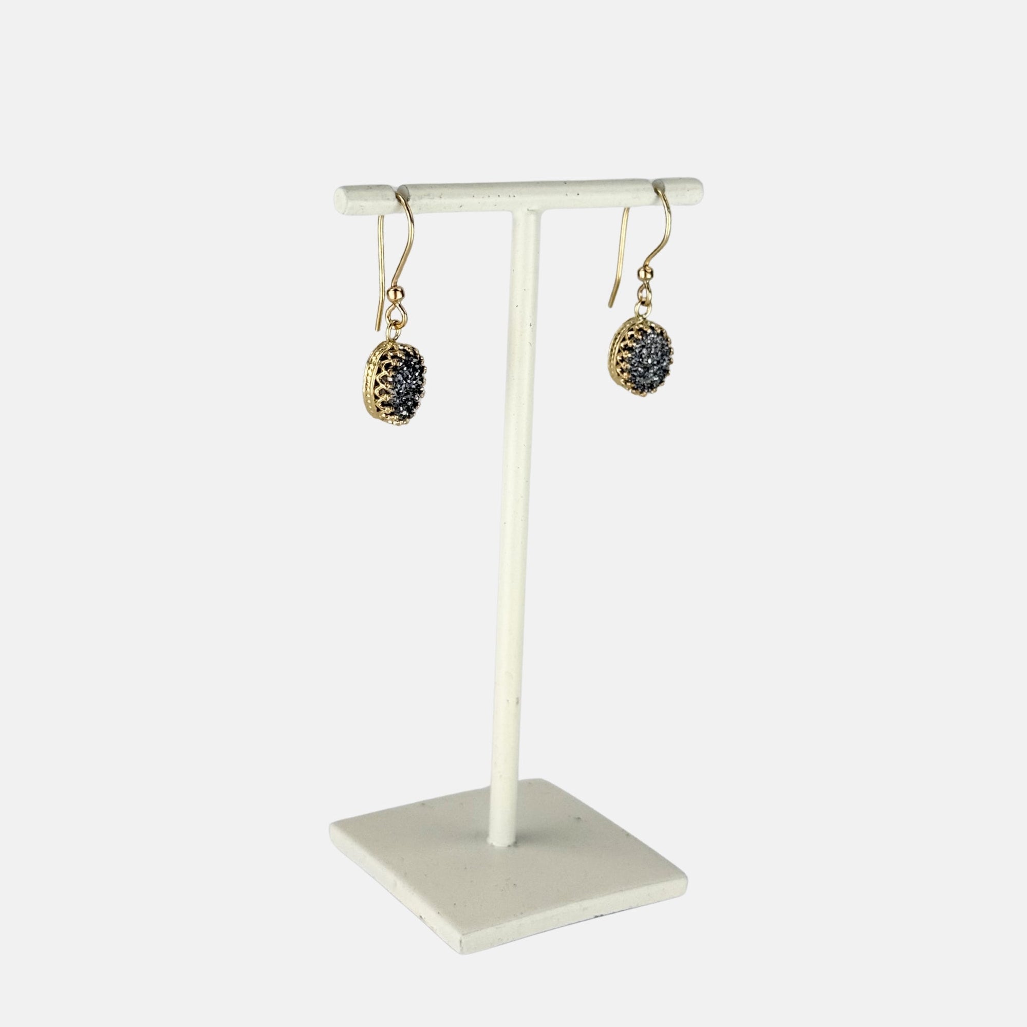 Ithil Oval Pewter Druzy Dangle Earrings in Gold - Big Bag NY
