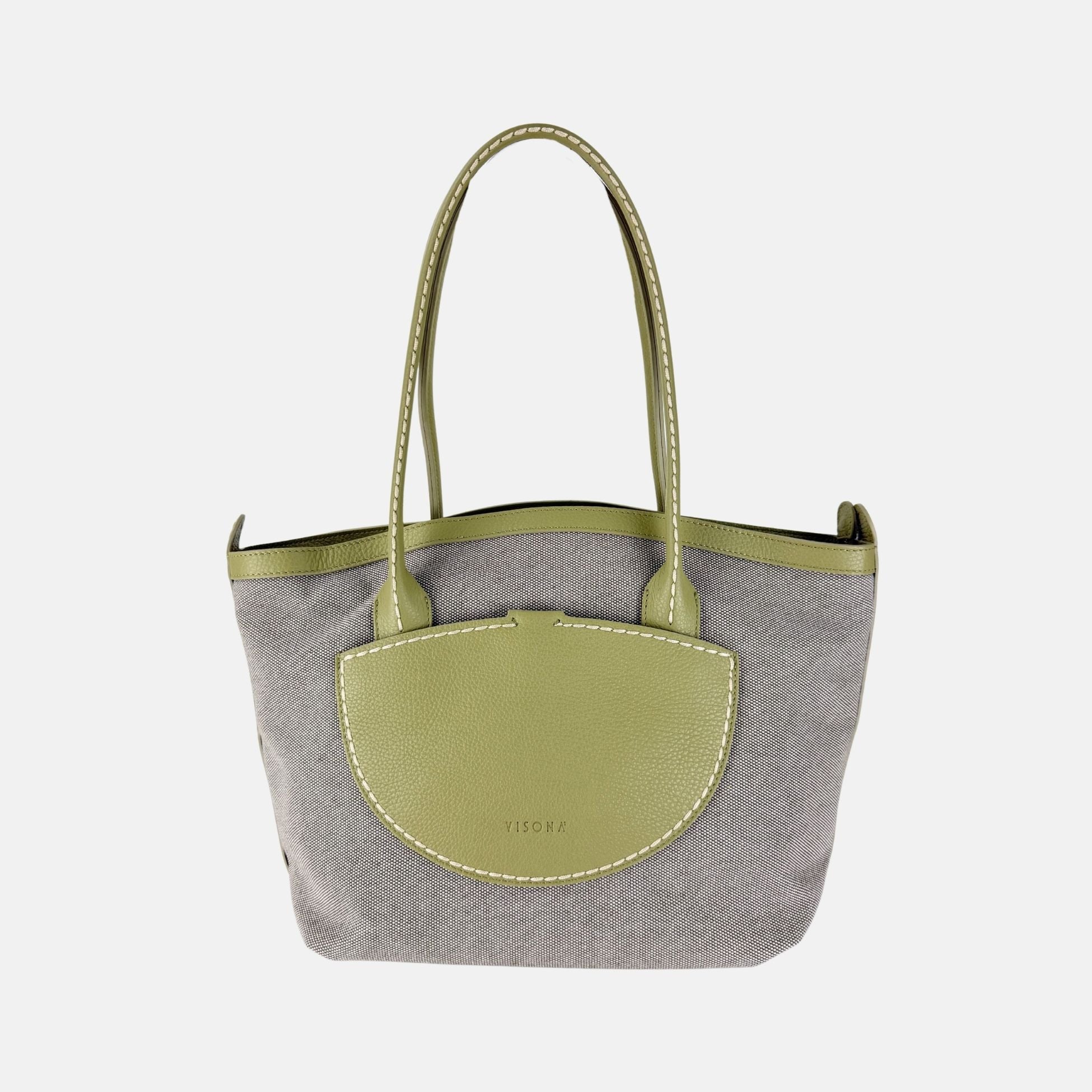 Plinio Visona Canvas Tote and Outer Leather Pocket in Green - Big Bag NY