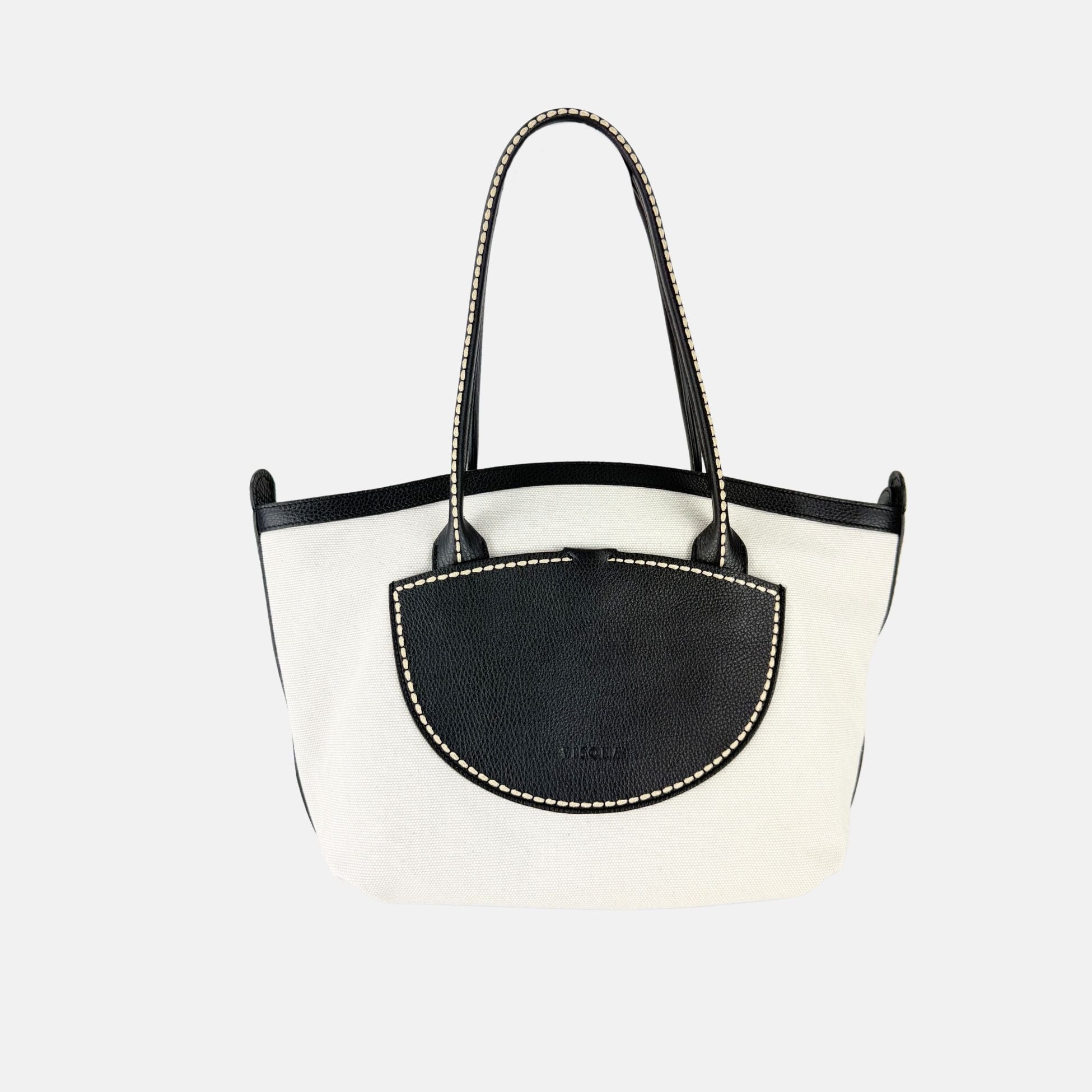 Plinio Visona Canvas Tote and Outer Leather Pocket in Grey - Big Bag NY