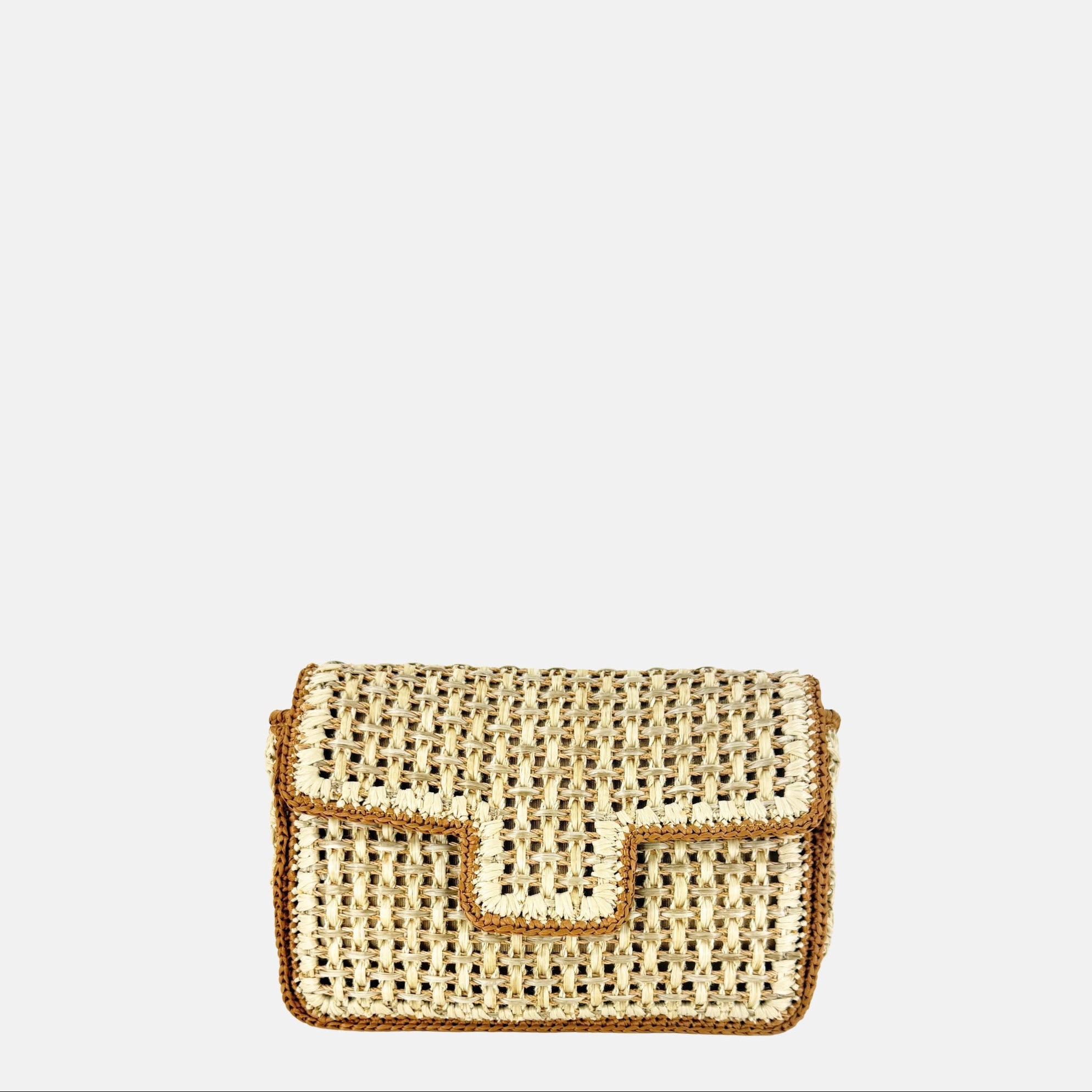 Caterina Bertini Straw Caning Flap Shoulder Bag in Beige and Tan Crochet - Big Bag NY