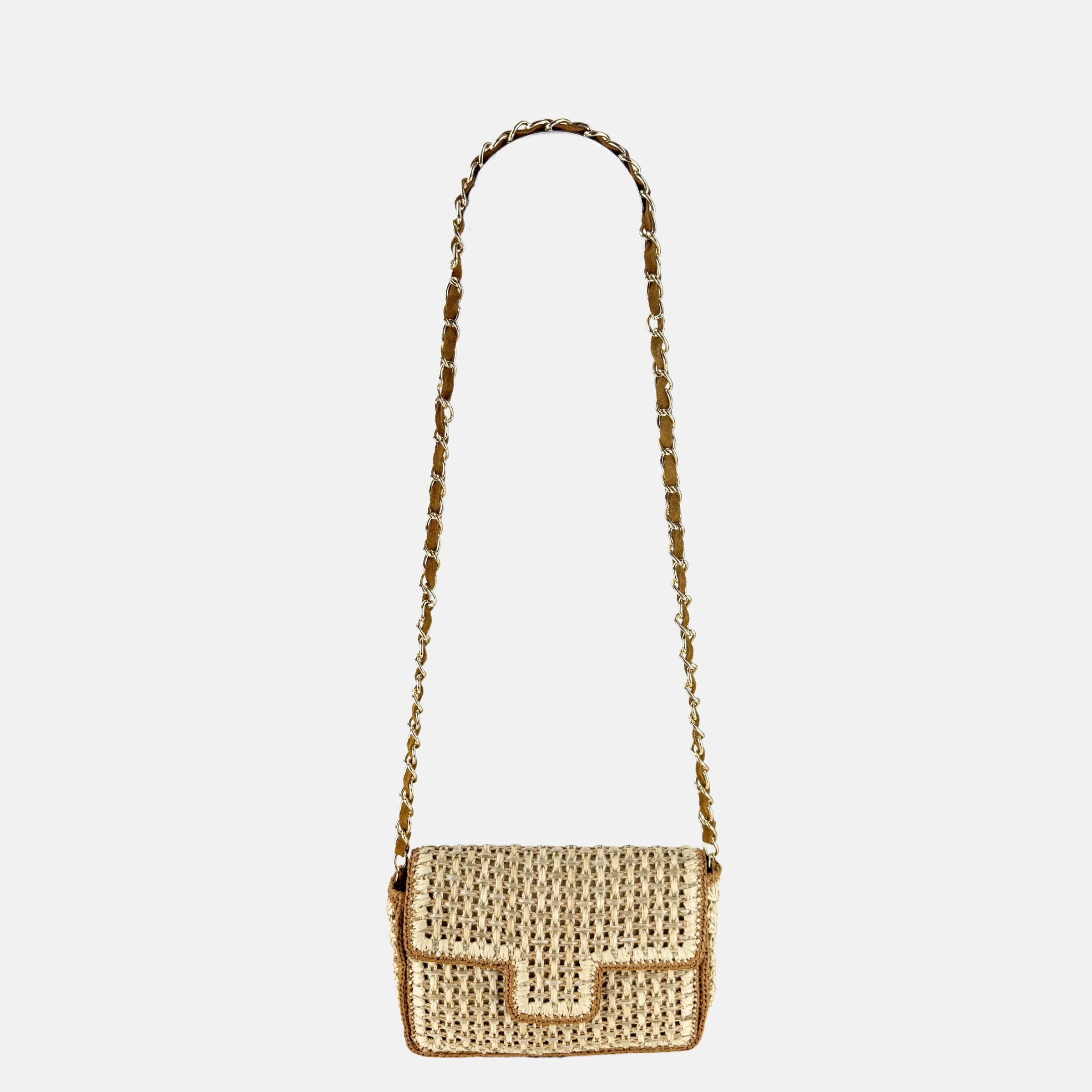 Caterina Bertini Straw Caning Flap Shoulder Bag in Beige and Tan Crochet - Big Bag NY