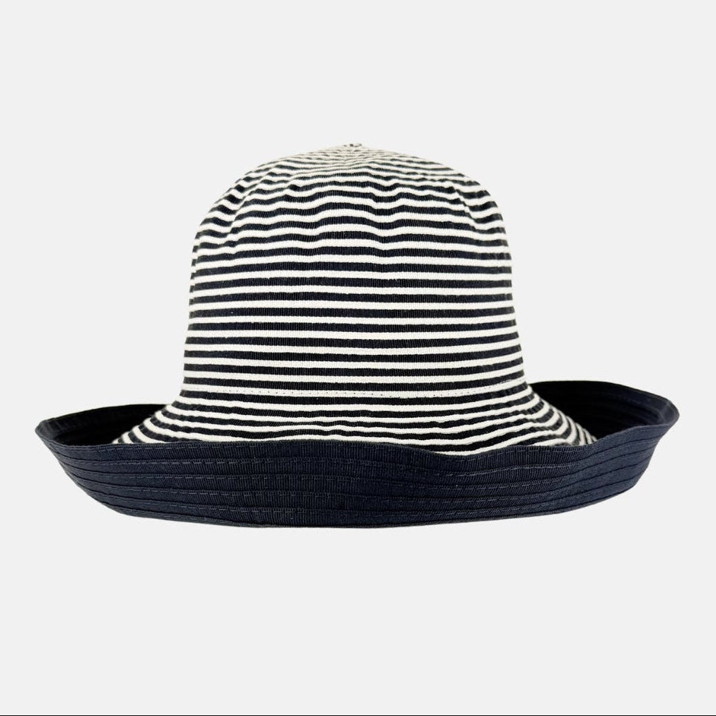 Grevi Wide Brim Striped Cotton Bucket Hat  in Navy - Big Bag NY