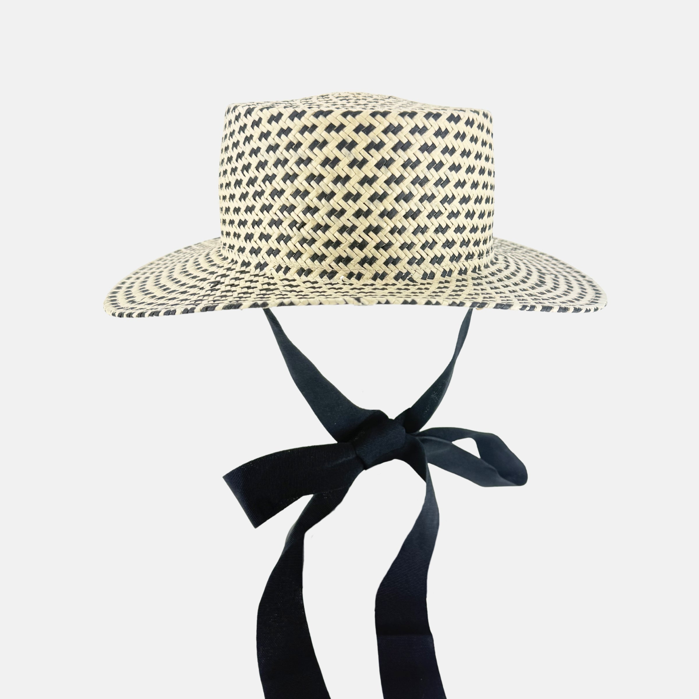 Caterina Bertini Raffia Boater Hat in Black and Natural - Big Bag NY