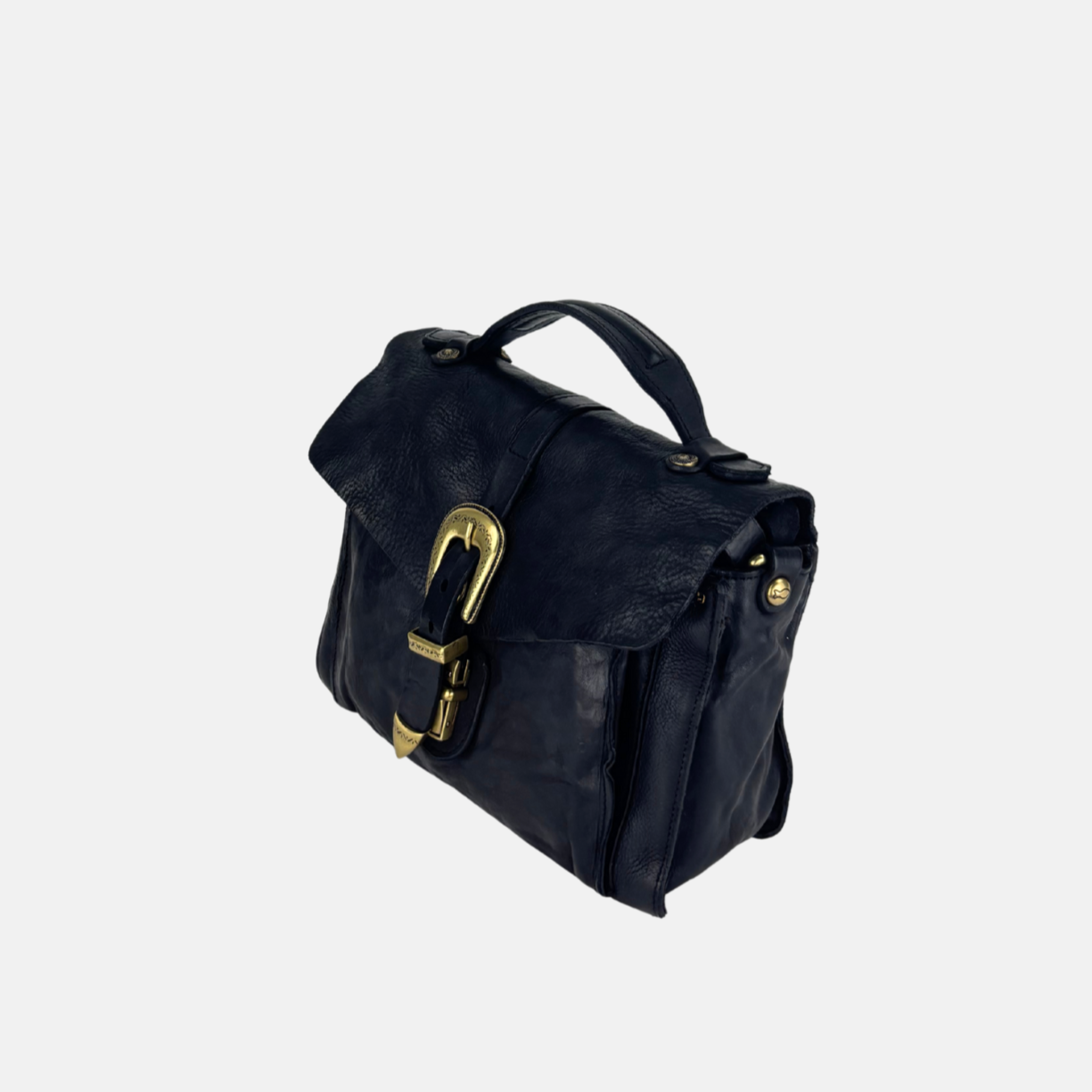 Campomaggi PORZIA Small Black Satchel Bag with Gold Buckle - Big Bag NY