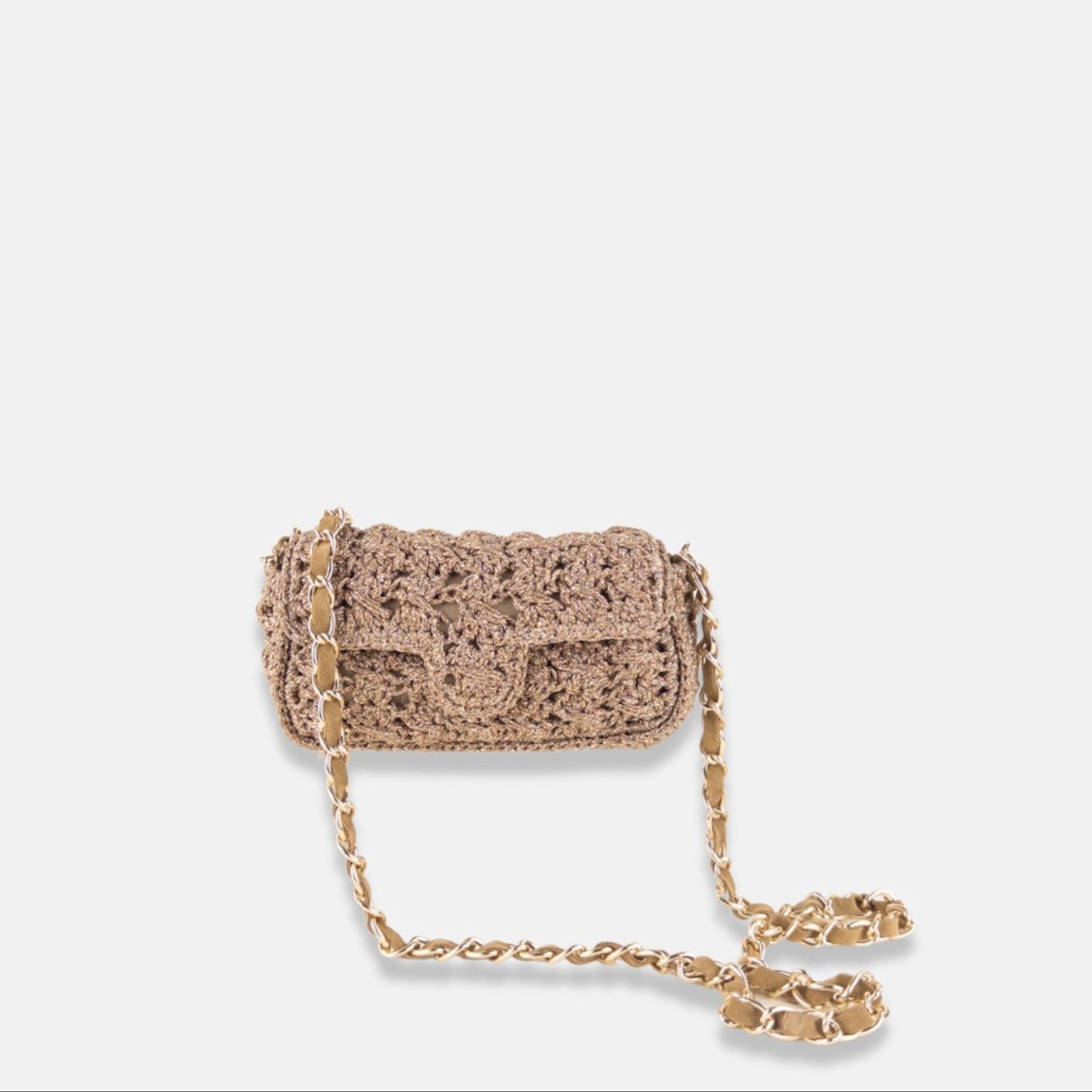 Caterina Bertini Small Crochet Flapover Shoulder Bag in Metallic Gold - Big Bag NY