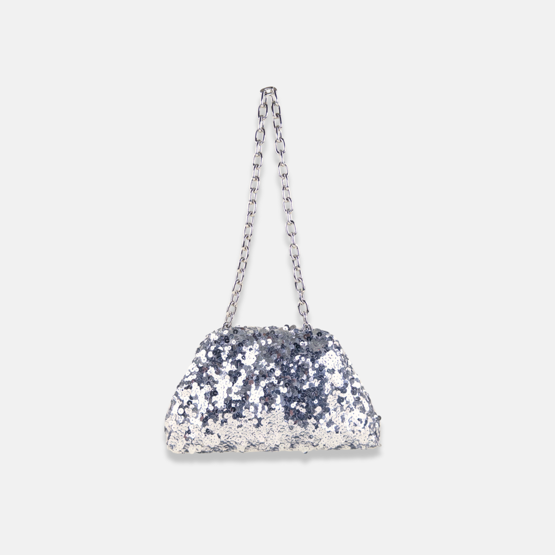 Caterina Bertini Sequin Pillow Frame Clutch and Shoulder Bag in Silver - Big Bag NY