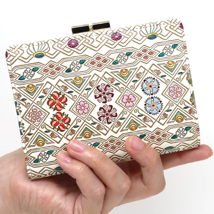 Bunkoya Oozeki HANABISHI Traditional Flower Patterns GAMASATSU Square Billfold with Clasp - Big Bag NY