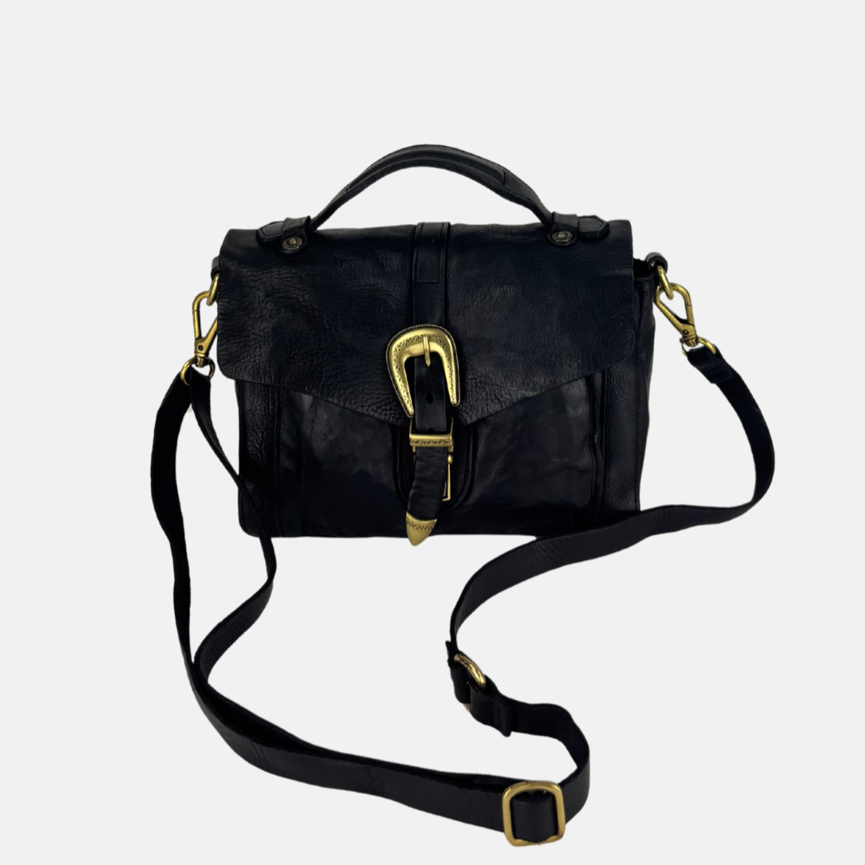 Campomaggi PORZIA Small Black Satchel Bag with Gold Buckle - Big Bag NY