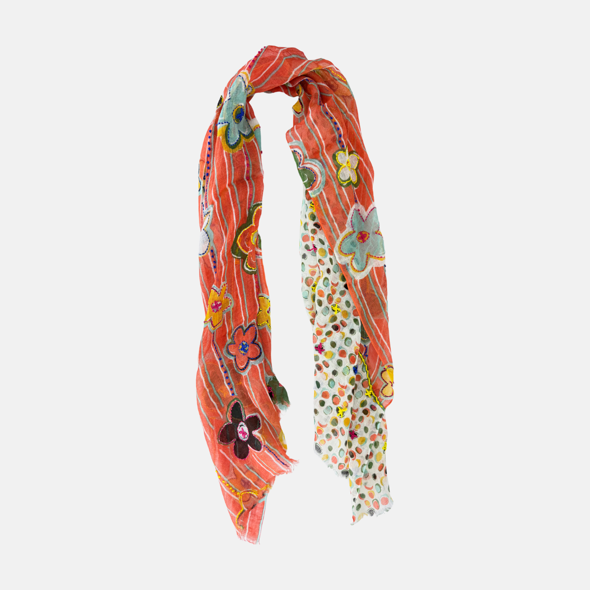 Storiatipic Anne Embroidered Linen Scarf in Orange - Big Bag NY