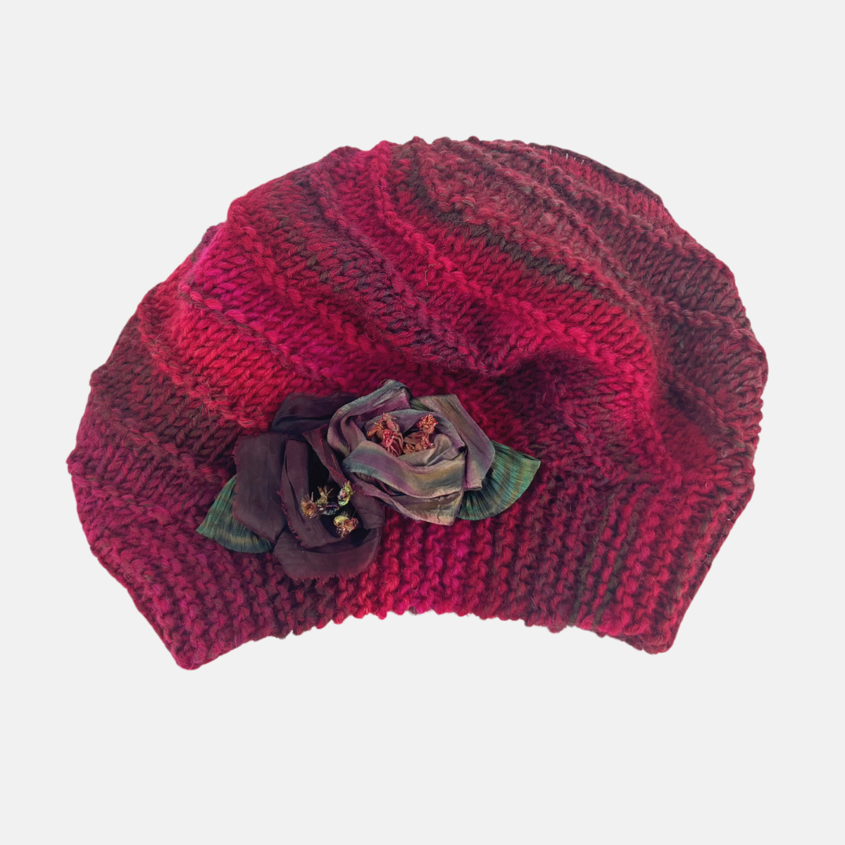Striped Knit Beret with Flower