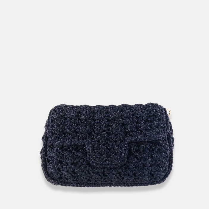 Caterina Bertini Medium Crochet Flapover Shoulder Bag in Metallic Black - Big Bag NY