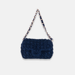 Caterina Bertini Medium Crochet Flapover Shoulder Bag in Metallic Navy - Big Bag NY