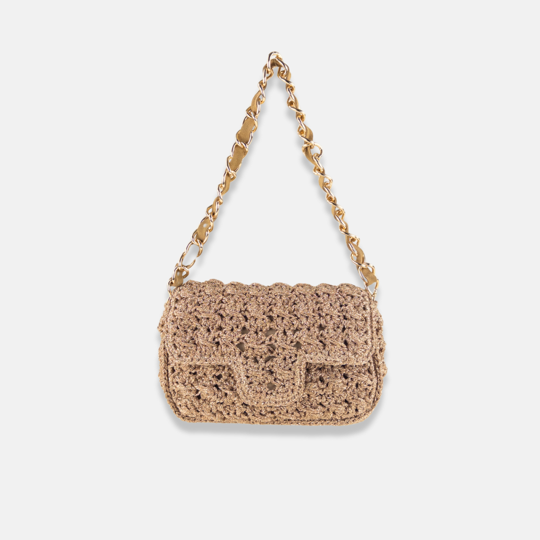 Caterina Bertini Medium Crochet Flapover Shoulder Bag in Metallic Gold - Big Bag NY