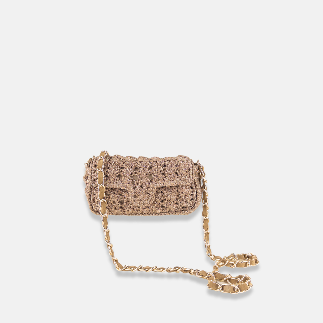 Caterina Bertini Small Crochet Flapover Shoulder Bag in Metallic Gold - Big Bag NY