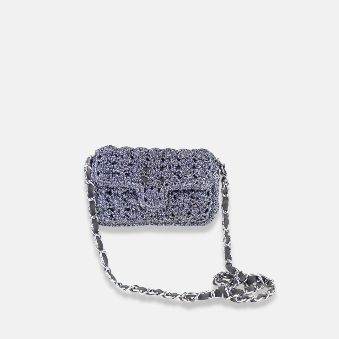 Caterina Bertini Small Crochet Flapover Shoulder Bag in Metallic Gunmetal - Big Bag NY