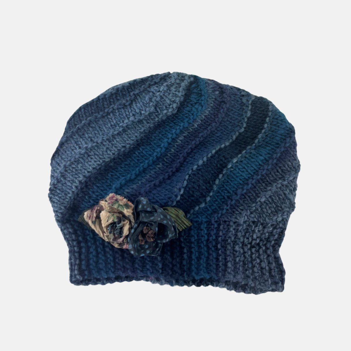 Striped Knit Beret with Flower