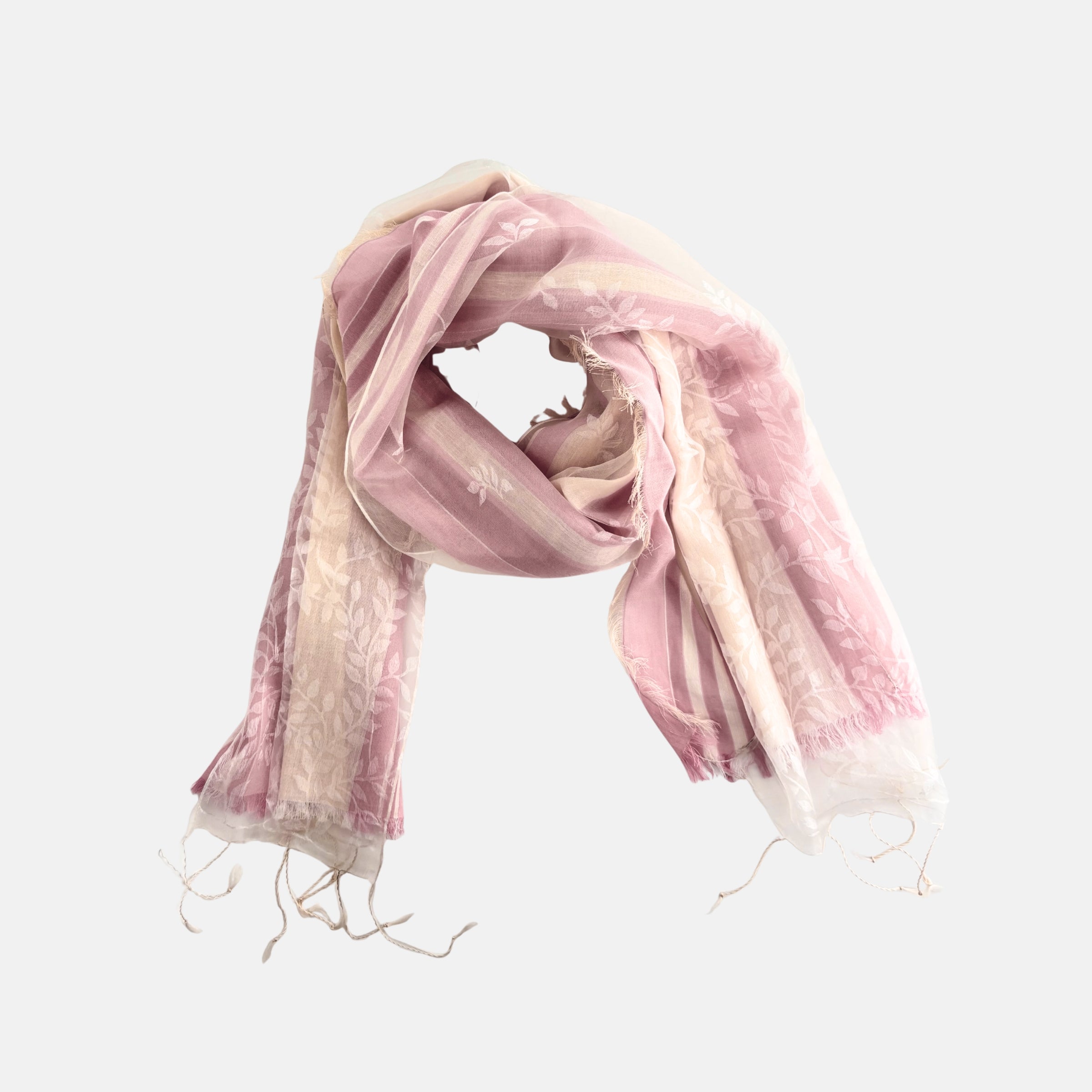 Saldarini Pink and White Floral and Stripe Layered Silk Scarf in Pink - Big Bag NY