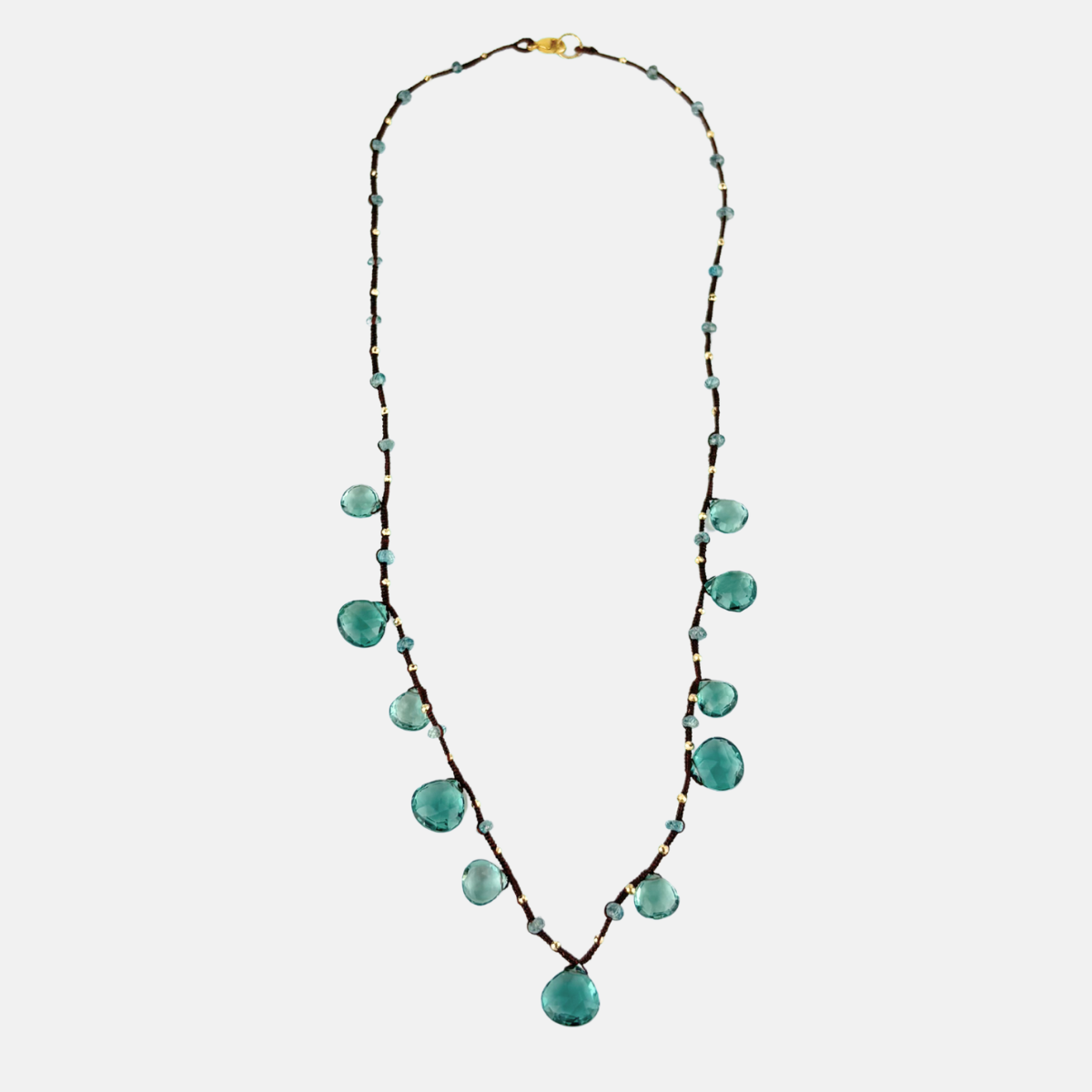 Aquamarine Brown Silk Cord Necklace with Blue Zircon Drops