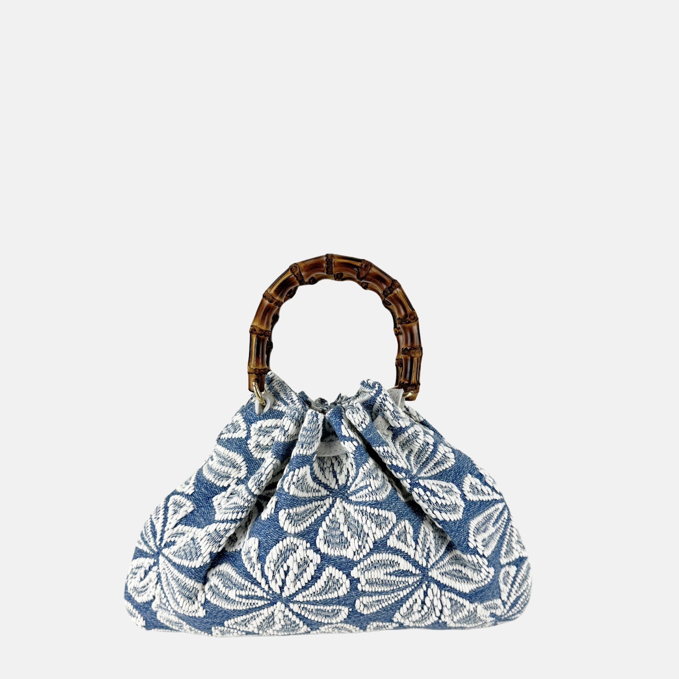 Caterina Bertini Small Bamboo Handle Shoulder Bag in Blue and White Floral - Big Bag NY
