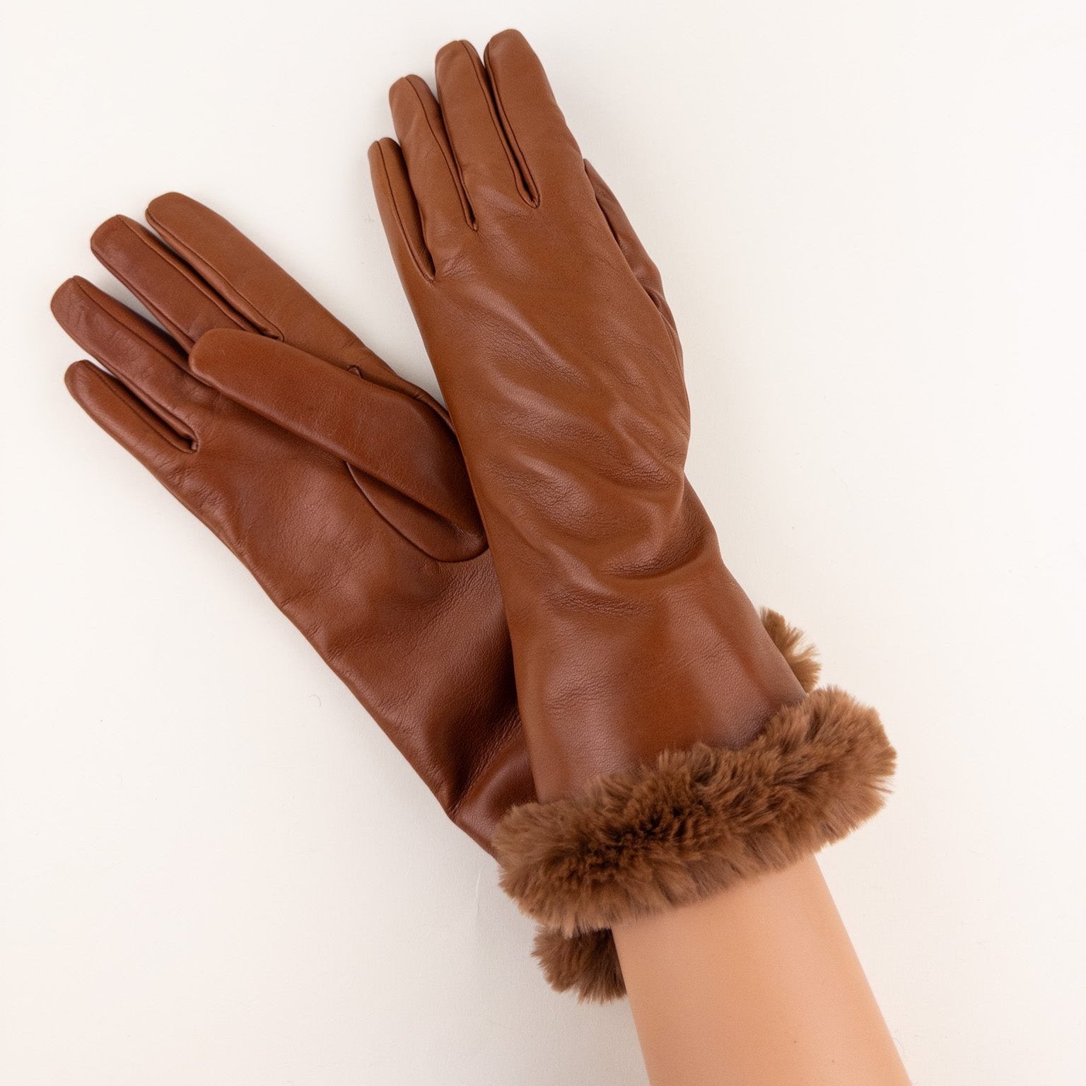 Gala Mid-length Nappa Leather Gloves with Cashmere Lining in Tan - Big bag NY