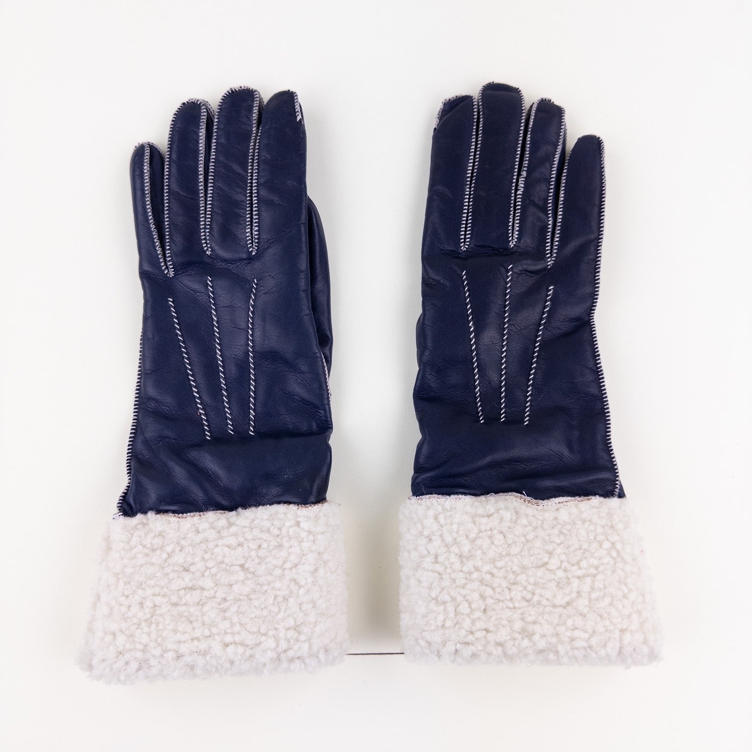 Artigiano Del Guanto Leather Glove with Contrast Shearling Cuff in Navy - Big Bag NY