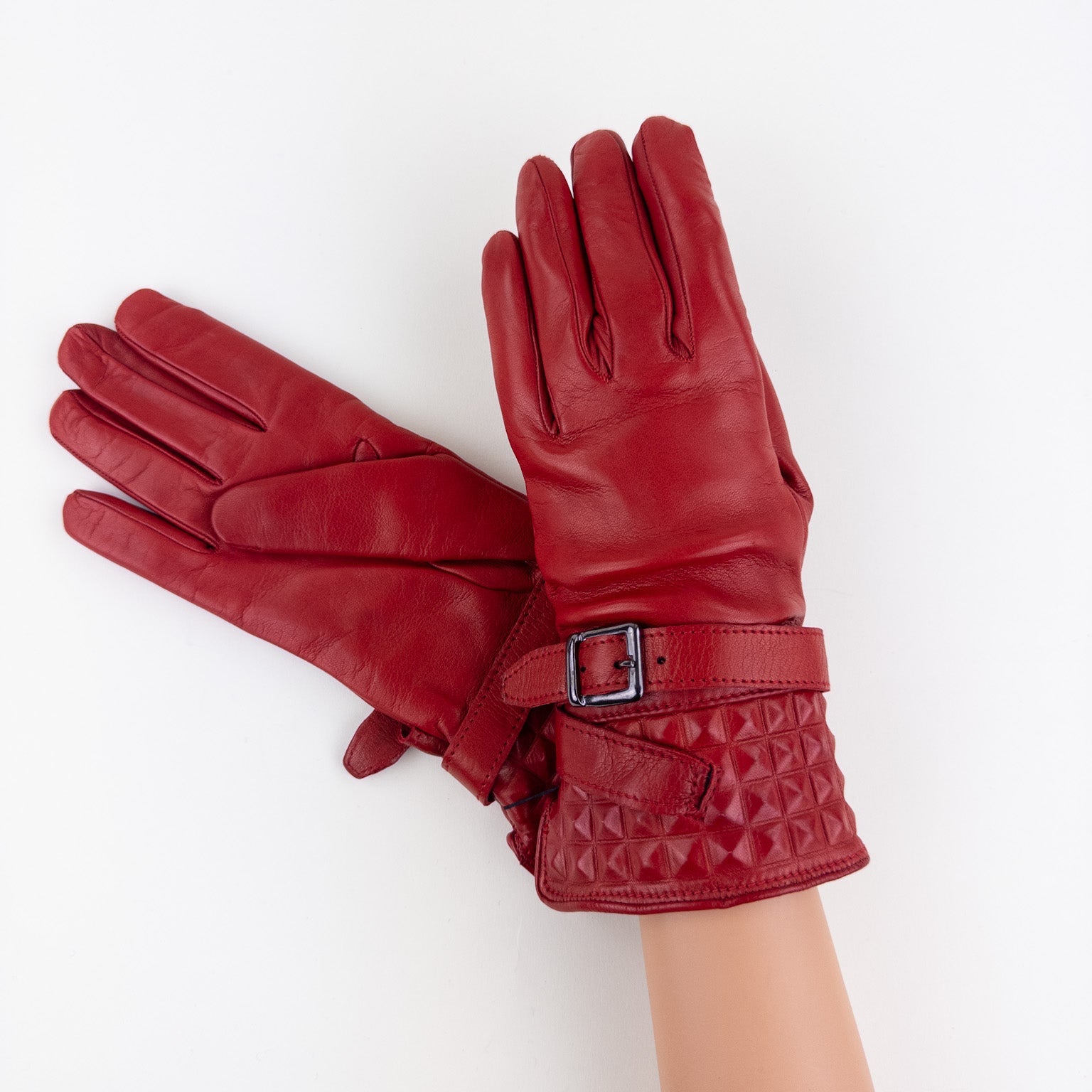Artigiano Del Guanto Studded Leather Glove with Buckle in Red - Big Bag NY