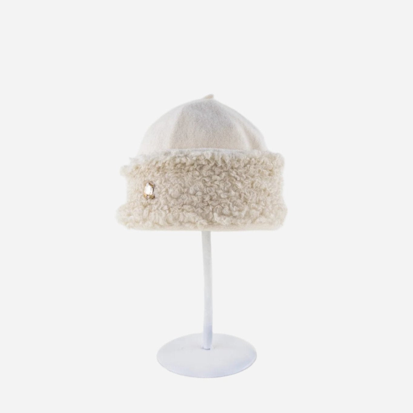 Angiolo Frasconi Wool Blend Hat with Jewel in Cream - Big Bag NY