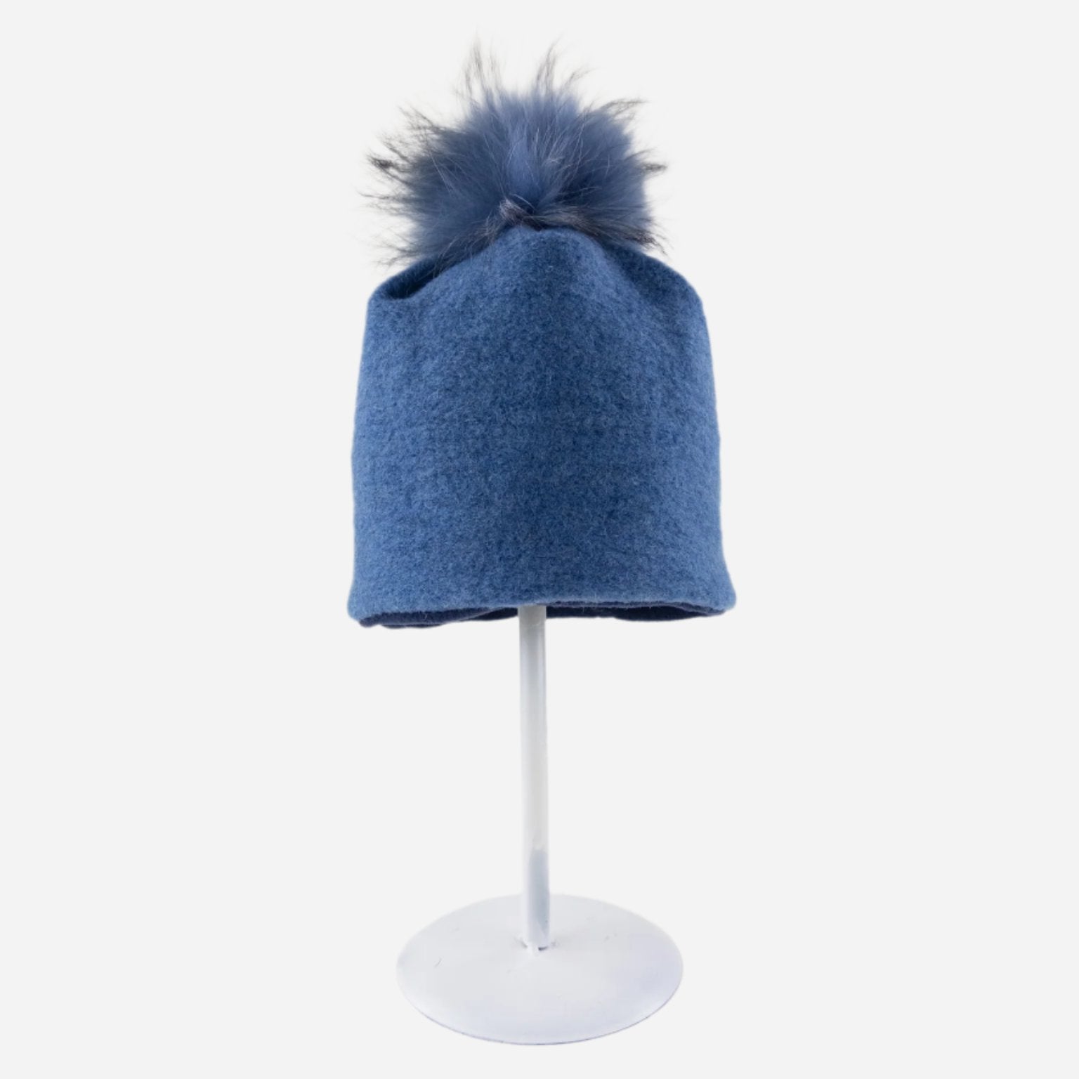 Angiolo Frasconi Wool Beanie with Fur Pom Pom in Blue - Big Bag NY