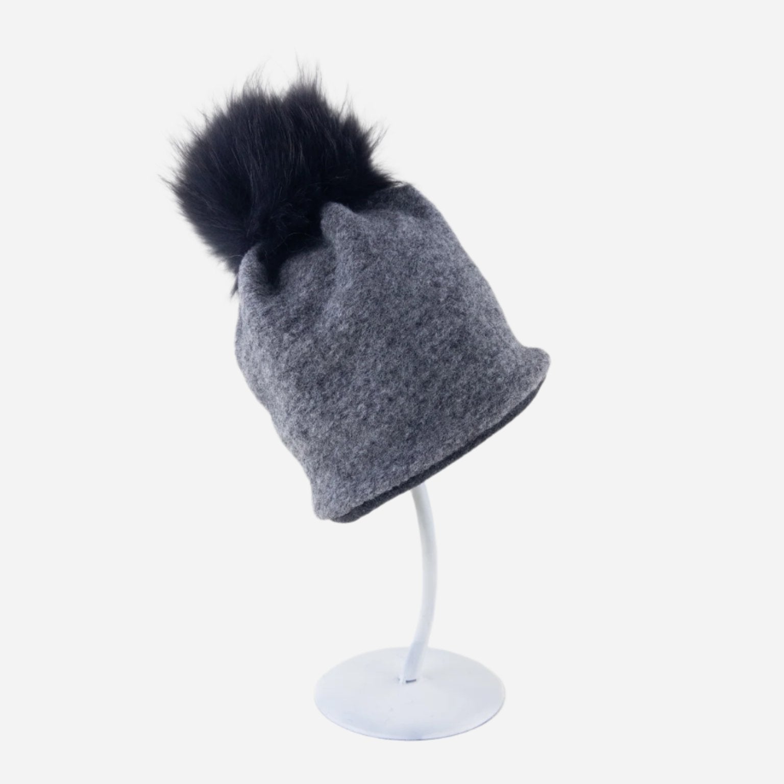 Angiolo Frasconi Wool Beanie with Fur Pom Pom in Grey - Big Bag NY