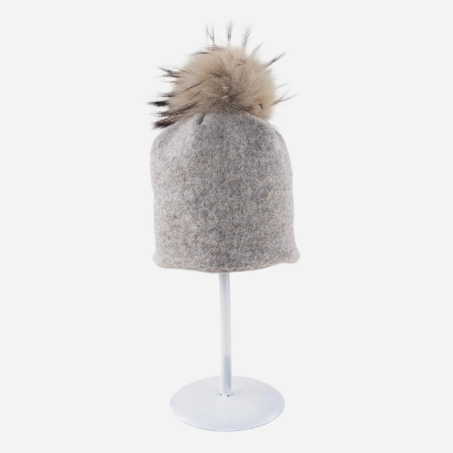 Angiolo Frasconi Wool Beanie with Fur Pom Pom in Taupe - Big Bag NY