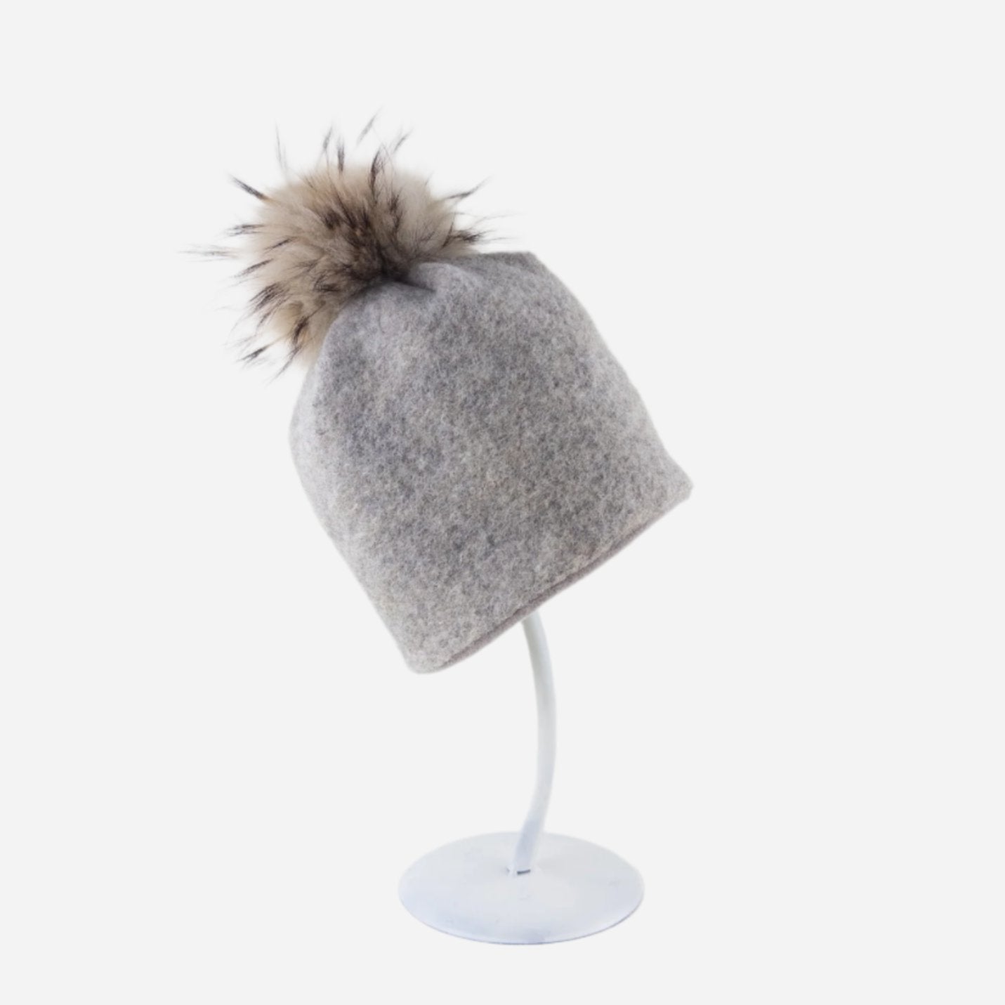 Angiolo Frasconi Wool Beanie with Fur Pom Pom in Taupe - Big Bag NY
