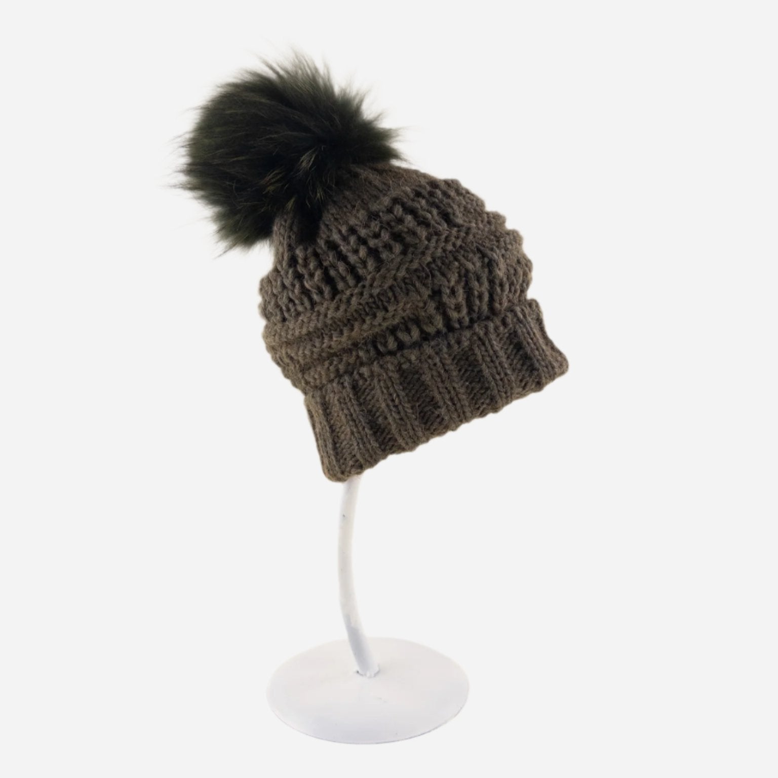 Angiolo Frasconi Patchwork Knit Beanie with Fur Pom Pom in Khaki - Big Bag NY