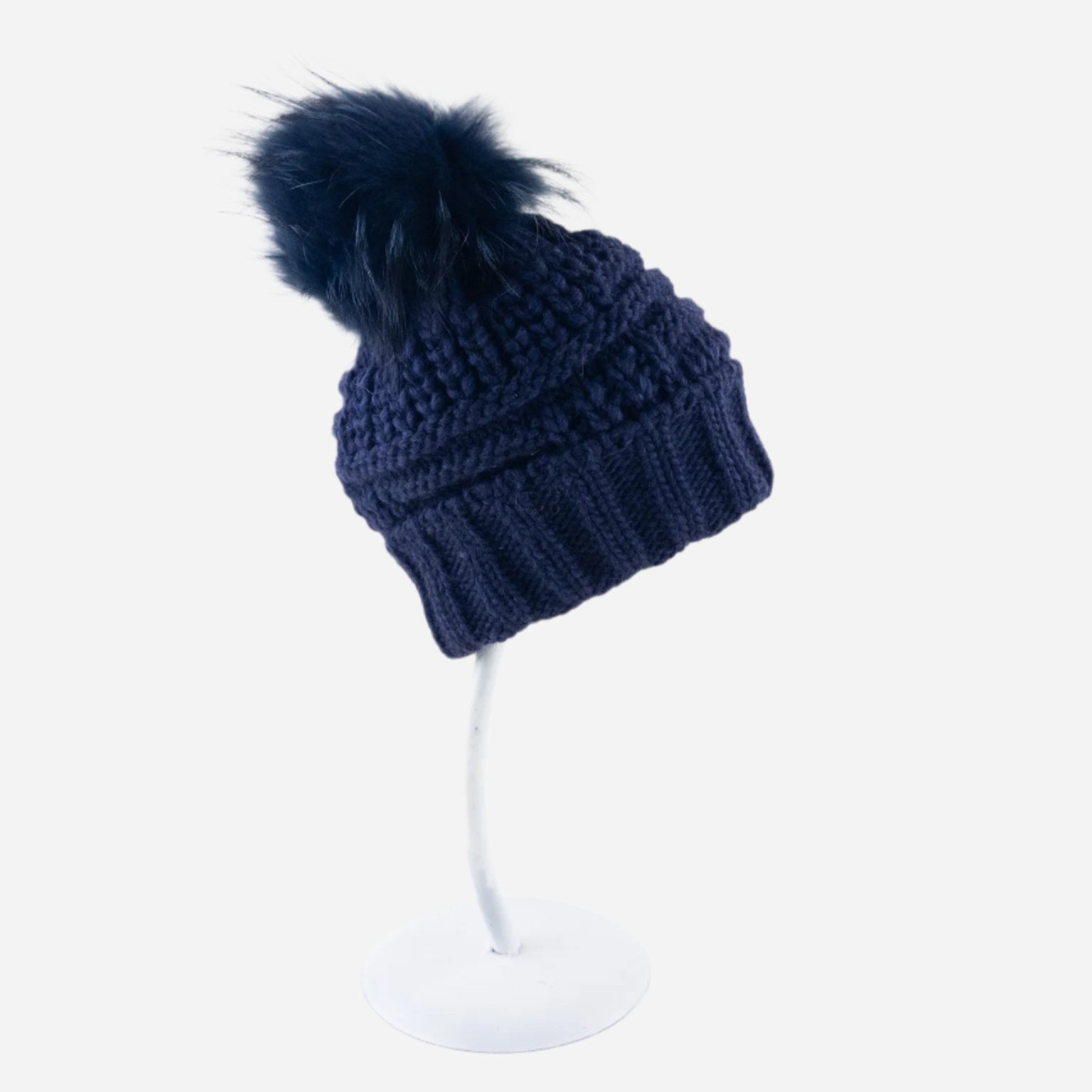 Angiolo Frasconi Patchwork Knit Beanie with Fur Pom Pom in Navy - Big Bag NY