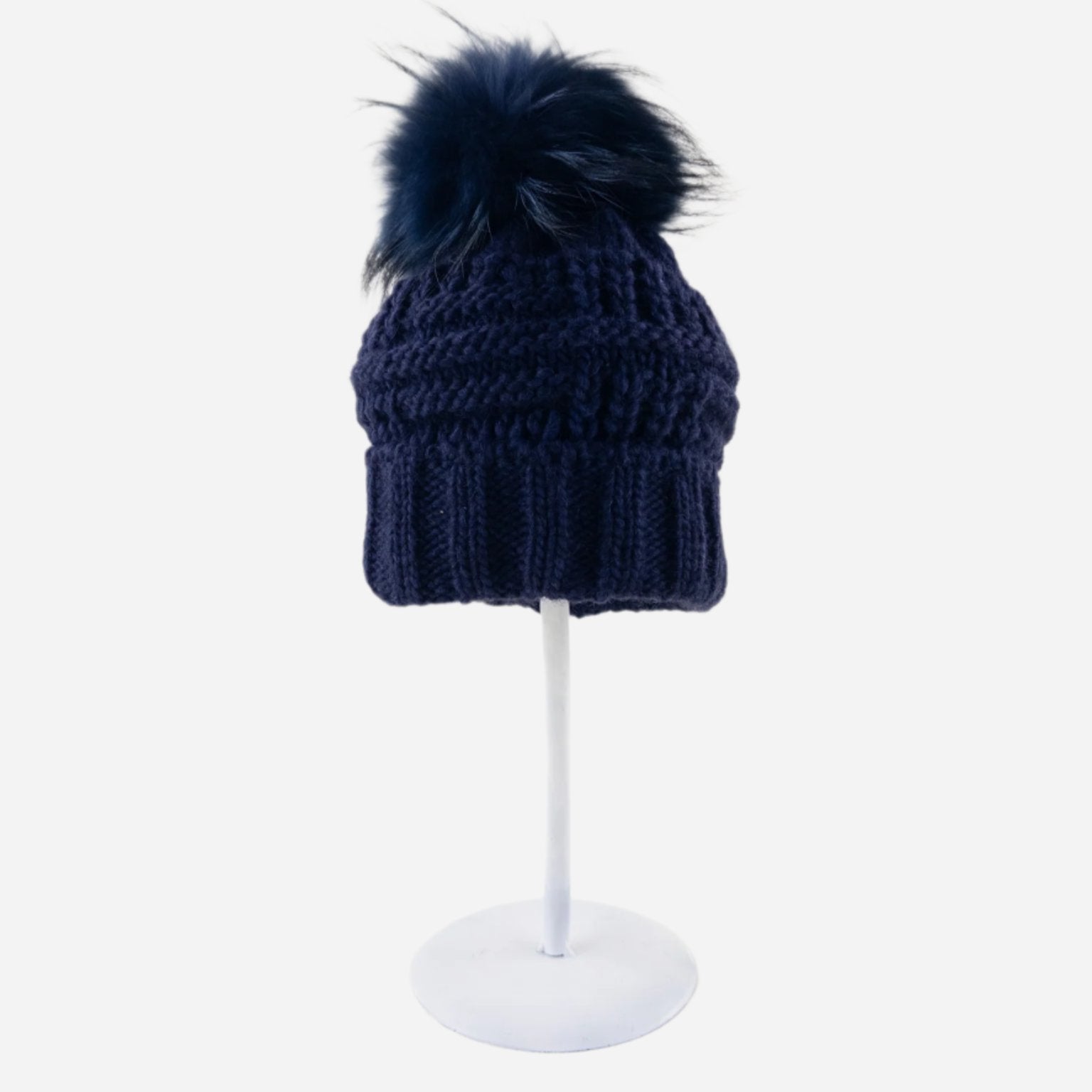 Angiolo Frasconi Patchwork Knit Beanie with Fur Pom Pom in Navy - Big Bag NY