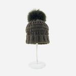 Angiolo Frasconi Patchwork Knit Beanie with Fur Pom Pom in Khaki - Big Bag NY