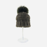 Angiolo Frasconi Patchwork Knit Beanie with Fur Pom Pom in Khaki - Big Bag NY