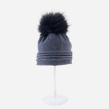 Rolled Trim Beanie with Fur Pom Pom