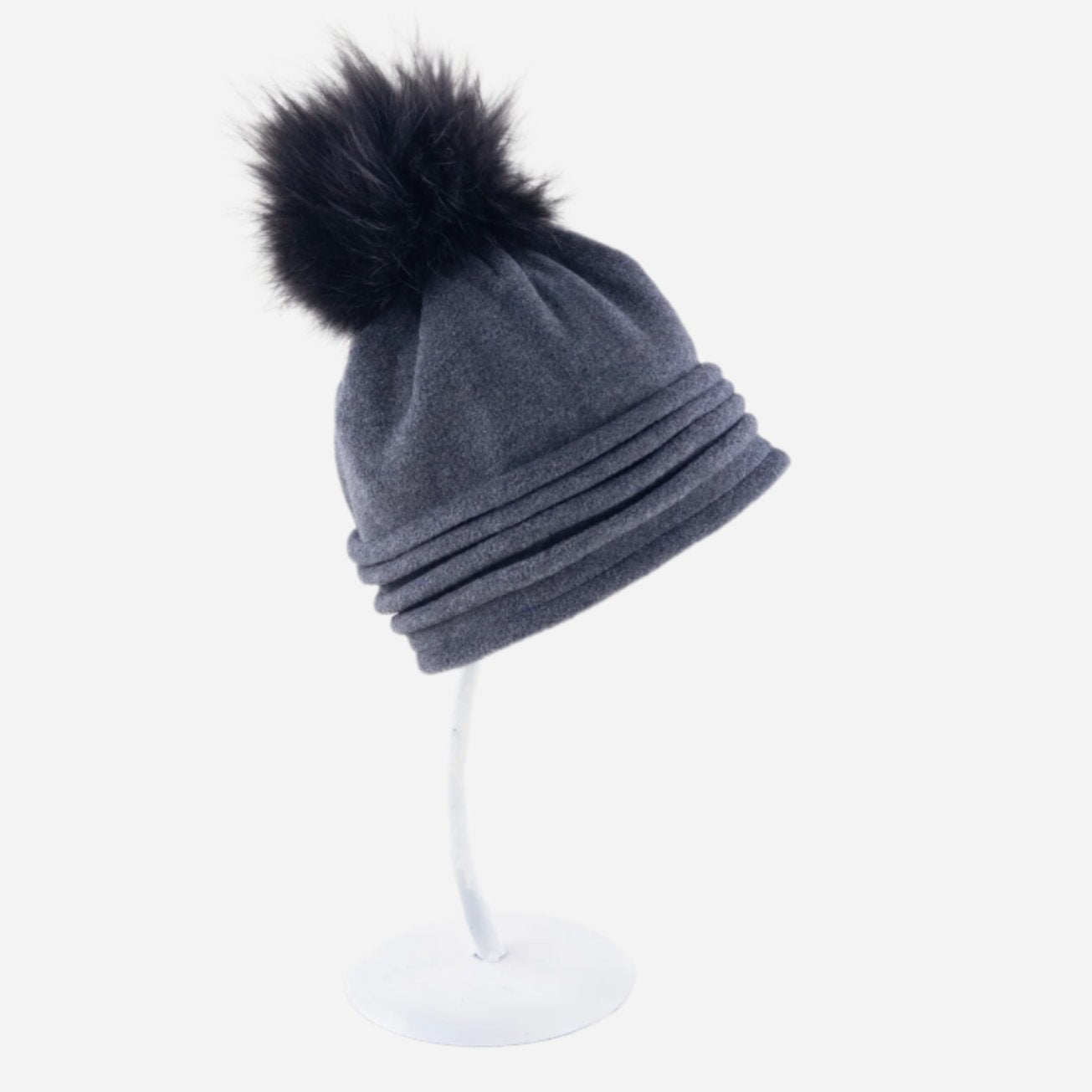 Rolled Trim Beanie with Fur Pom Pom