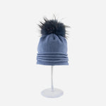 Angiolo Frasconi Rolled Trim Beanie with Fur Pom Pom in Blue - Big Bag NY