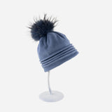 Angiolo Frasconi Rolled Trim Beanie with Fur Pom Pom in Blue - Big Bag NY