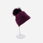 Angiolo Frasconi Rolled Trim Beanie with Fur Pom Pom in Burgundy - Big Bag NY