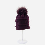 Ruched Wool Beanie with Fur Pom Pom