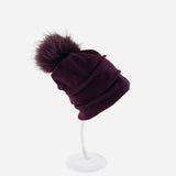 Ruched Wool Beanie with Fur Pom Pom