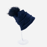 Ruched Wool Beanie with Fur Pom Pom