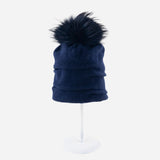 Ruched Wool Beanie with Fur Pom Pom